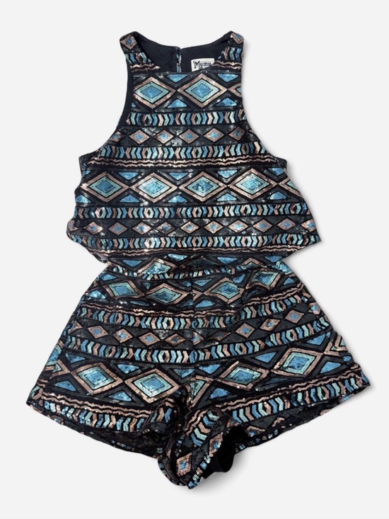 Show Me Your MuMu Pants - Show Me Your MuMu Black Sequin Geo High-Waist Shorts Set with Teal Accents